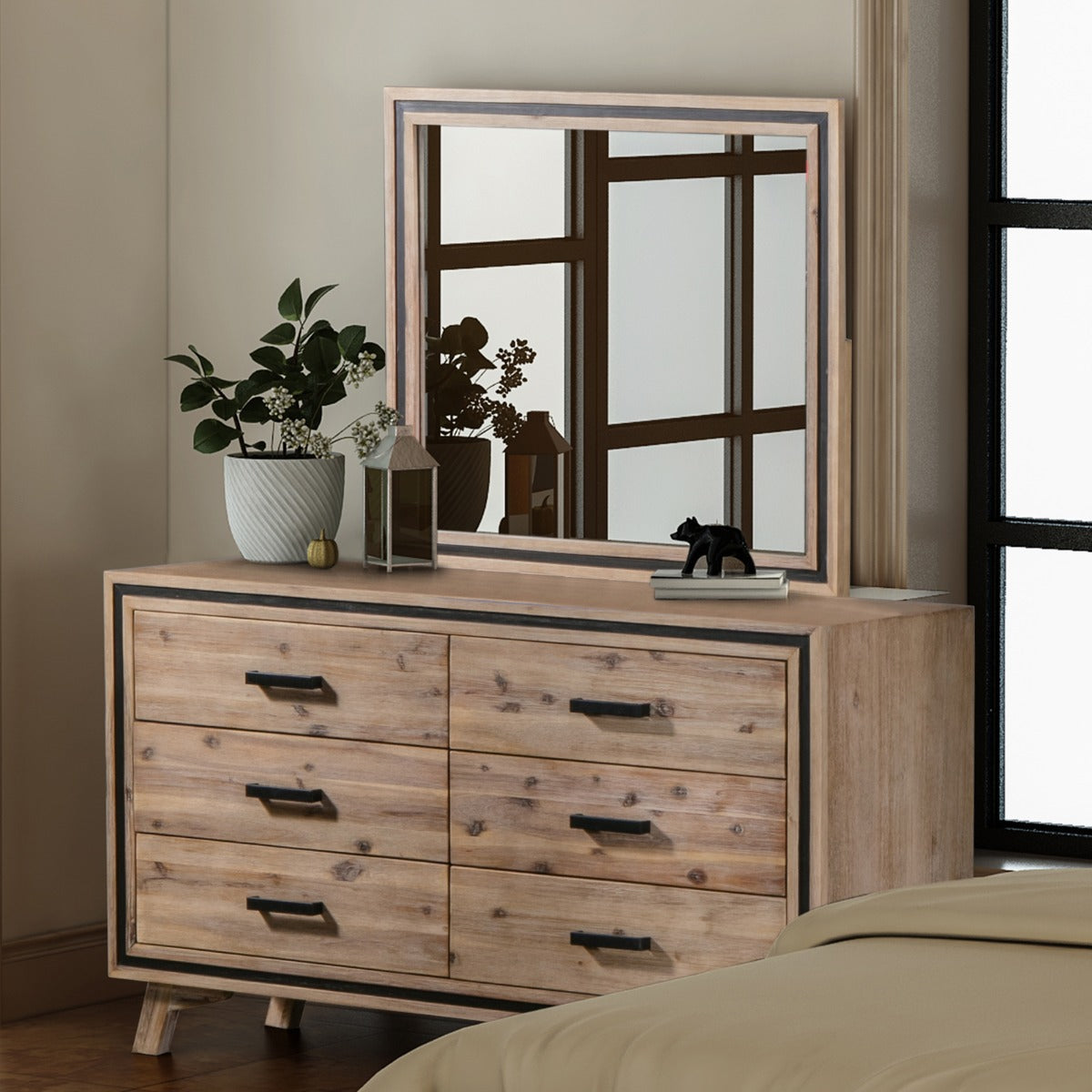 Dresser With 6 Storage Drawers In Solid Acacia Mirror Silver Brush Colour