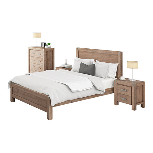 4 Pieces Bedroom Suite In Solid Wood Veneered Acacia Construction Timber Slat Queen Size Oak Colour Bed, Bedside Table &