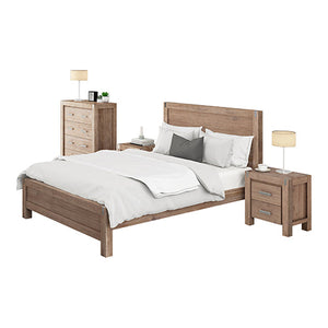 4 Pieces Bedroom Suite In Solid Wood Veneered Acacia Construction Timber Slat Queen Size Oak Colour Bed, Bedside Table &