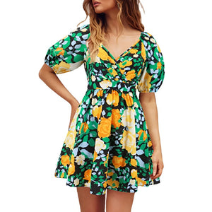 Flowers Print V-Neck Lantern-Sleeve Dress Y2k Summer Vacation Beach Dresses