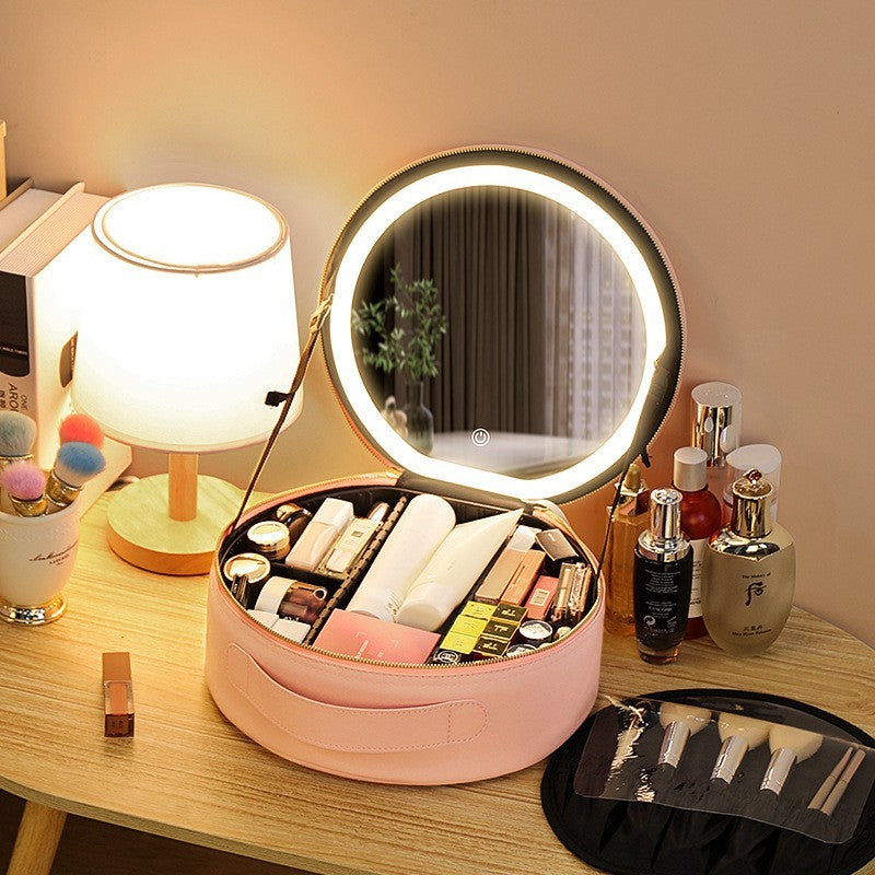 Round Smart Led Makeup Bag With Mirror Lights Large Capacity Pu Leather Cosmetic Case