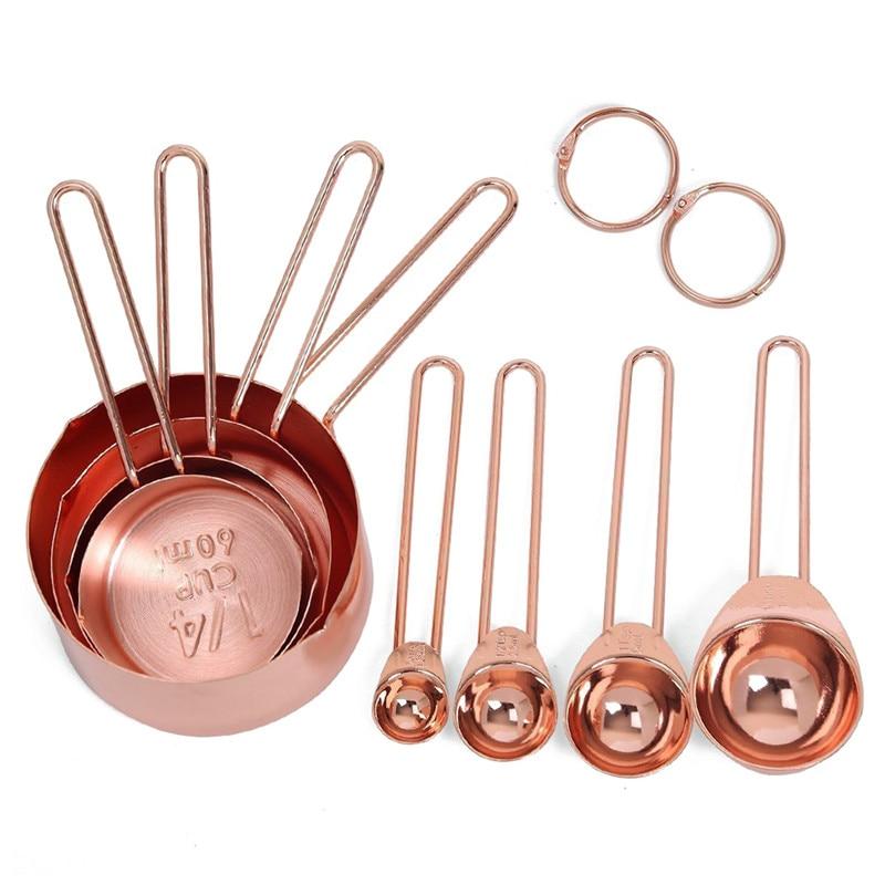 Set Of 8 Rose Gold Stainless Steel Measuring Cups And Spoons Baking Tools