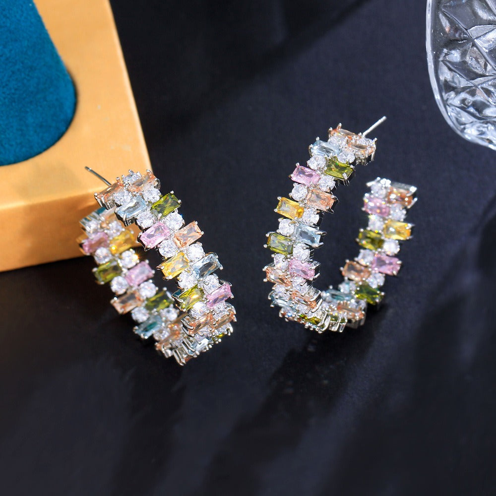 Veile Studios Heavy Industry Colored Ring Earrings With Square Zircon And Irregular Diamonds