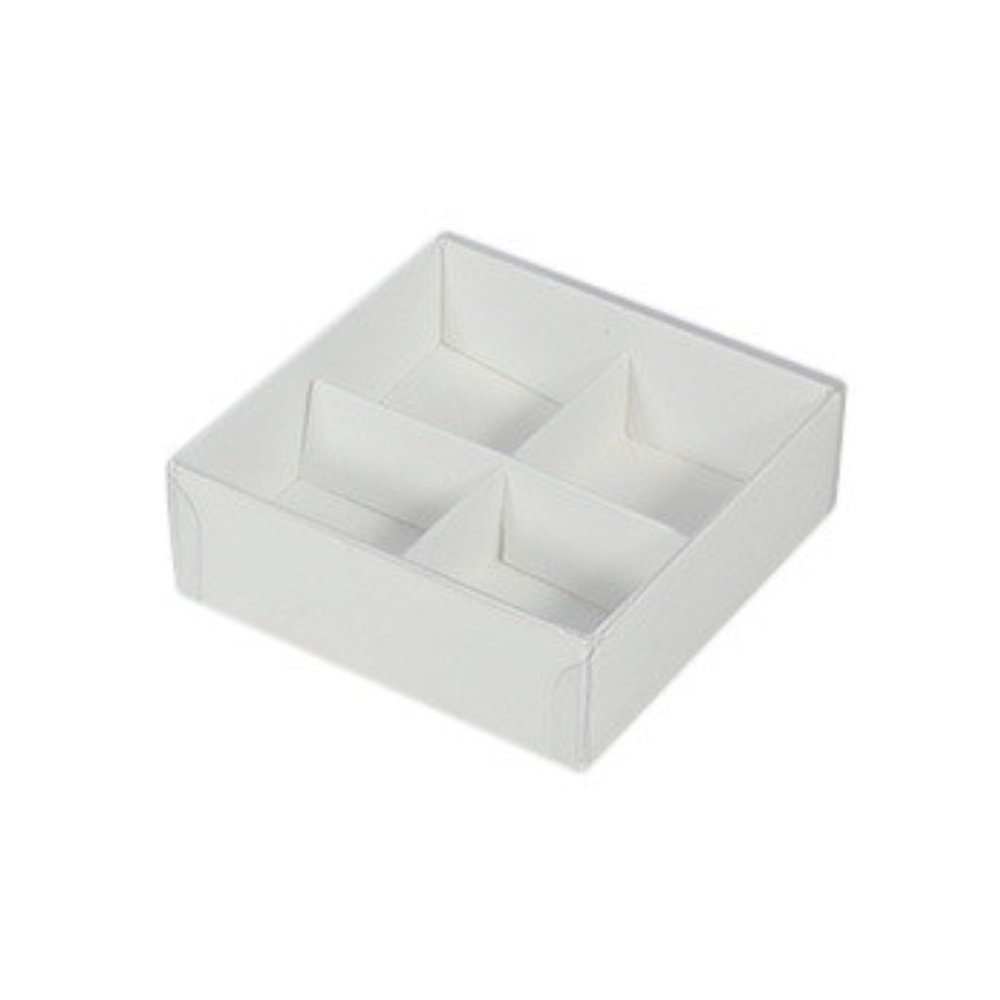 100 Pack Of White Card Chocolate Sweet Soap Product Reatail Gift Box - 4 Bay Compartments Clear Slide On Lid 8X8x3cm