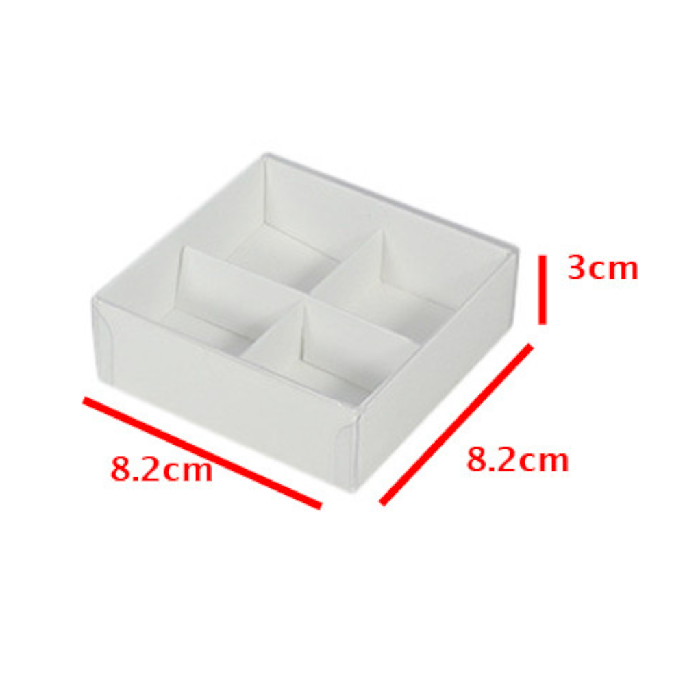 100 Pack Of White Card Chocolate Sweet Soap Product Reatail Gift Box - 4 Bay Compartments Clear Slide On Lid 8X8x3cm