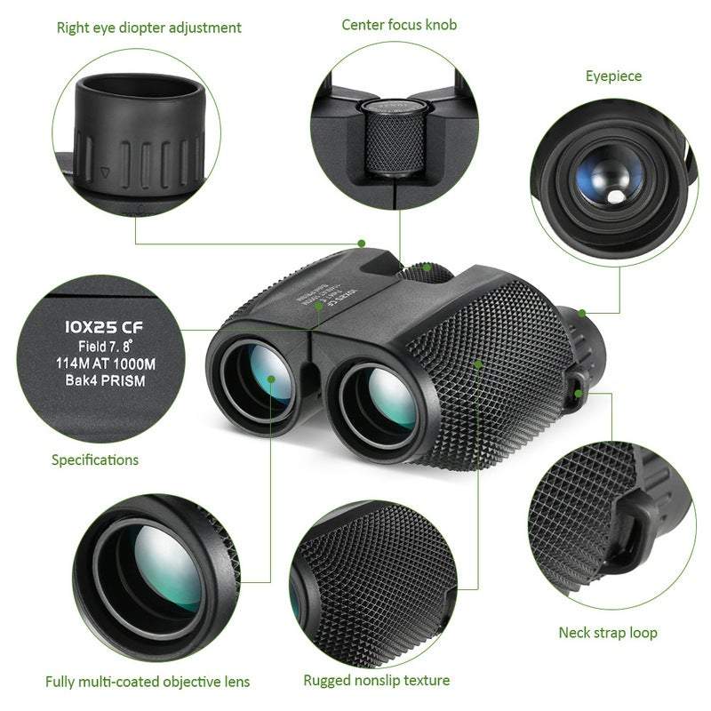 Telescopes 10X25 Folding High Power Compact Binoculars Suitable For Adults And Children Low Light Clear Night Vision Bir