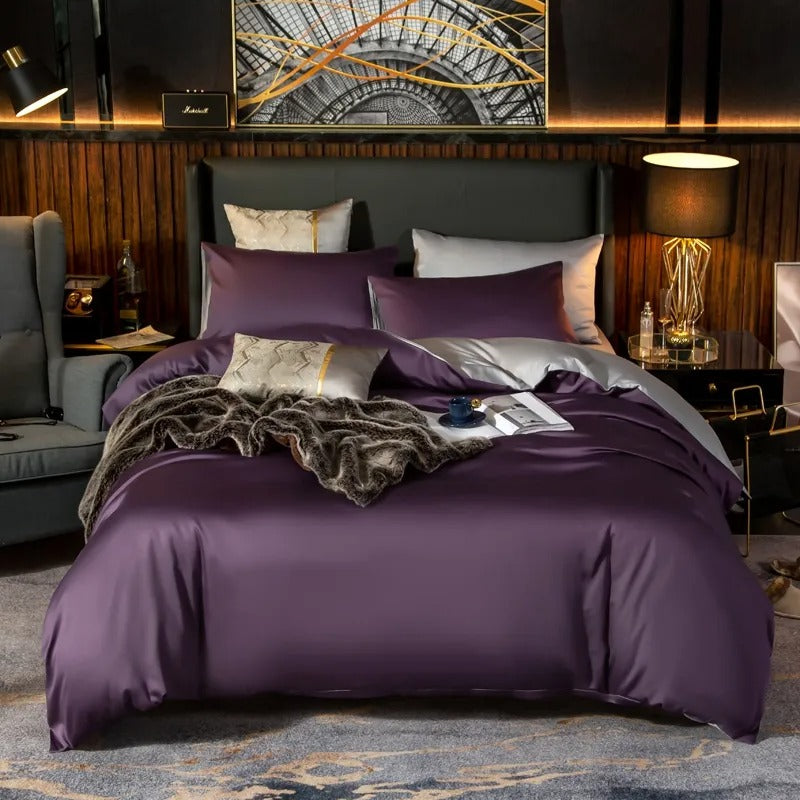 Bed Sheet Purple Light Grey Ultra Soft Egyptian Cotton Cover Queen Size Set