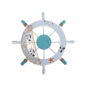 11'' Beach Wooden Boat Ship Steering Wheel Nautical Fish Net Shell Wall Decoration