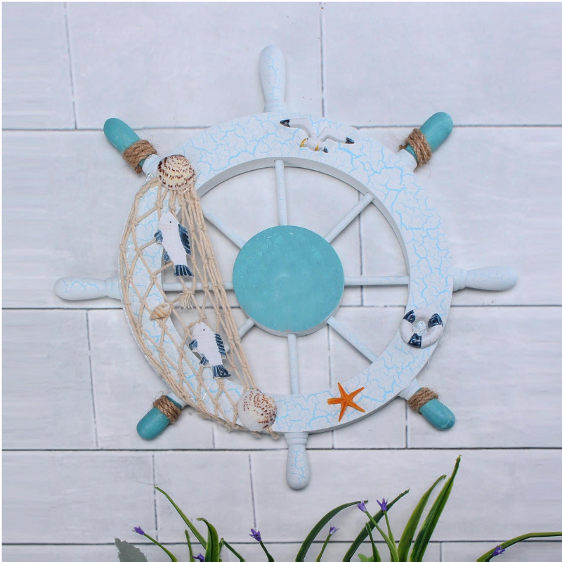 11'' Beach Wooden Boat Ship Steering Wheel Nautical Fish Net Shell Wall Decoration