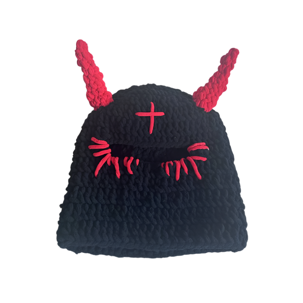 Wool Hat With Cute Devil Mask Horns And Dome Crown For Warmth Style