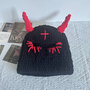 Wool Hat With Cute Devil Mask Horns And Dome Crown For Warmth Style