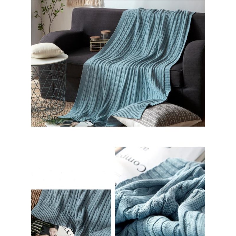 120Cm X 180Cm Warm Cozy Knitted Throw Blanket Blue