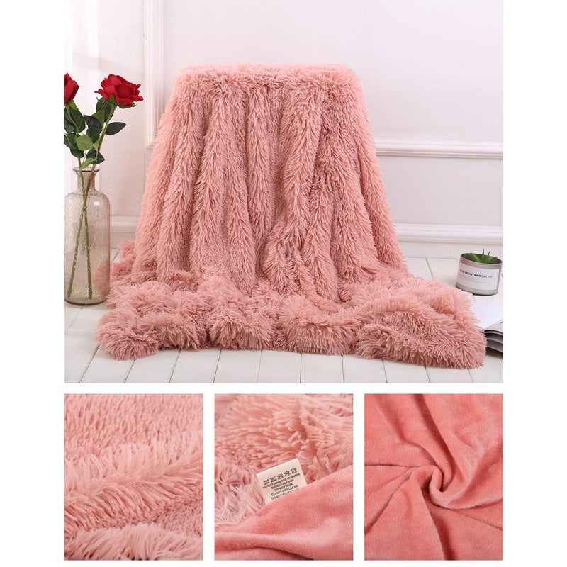 130X160cm Super Soft Long Coral Fleece Flurry Throw Blanket Carnation Pink