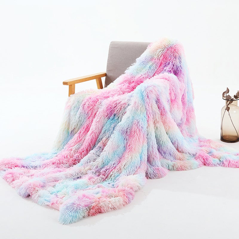 130X160cm Super Soft Long Coral Fleece Flurry Throw Blanket Rainbow