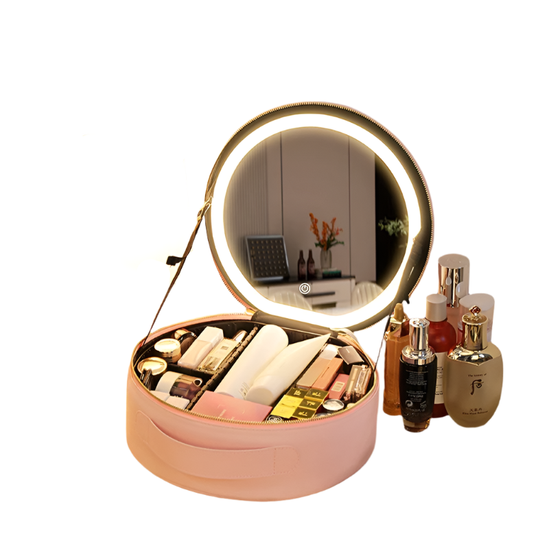 Round Smart Led Makeup Bag With Mirror Lights Large Capacity Pu Leather Cosmetic Case