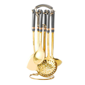 Golden Stainless Steel Kitchen Utensil Set With Colourful Ceramic Handles