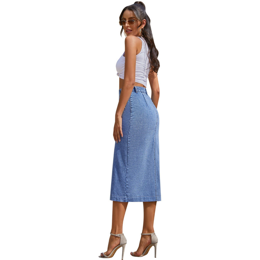 Button Irregular Slit Denim High Waist Skirt A Line Long For Women