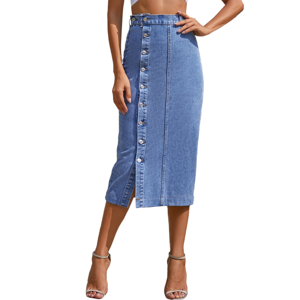 Button Irregular Slit Denim High Waist Skirt A Line Long For Women