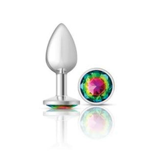 Cheeky Charms Silver Round Butt Plug With Rainbow Jewel Small