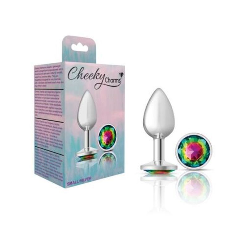 Cheeky Charms Silver Round Butt Plug With Rainbow Jewel Small