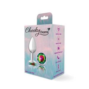 Cheeky Charms Silver Round Butt Plug With Rainbow Jewel Small