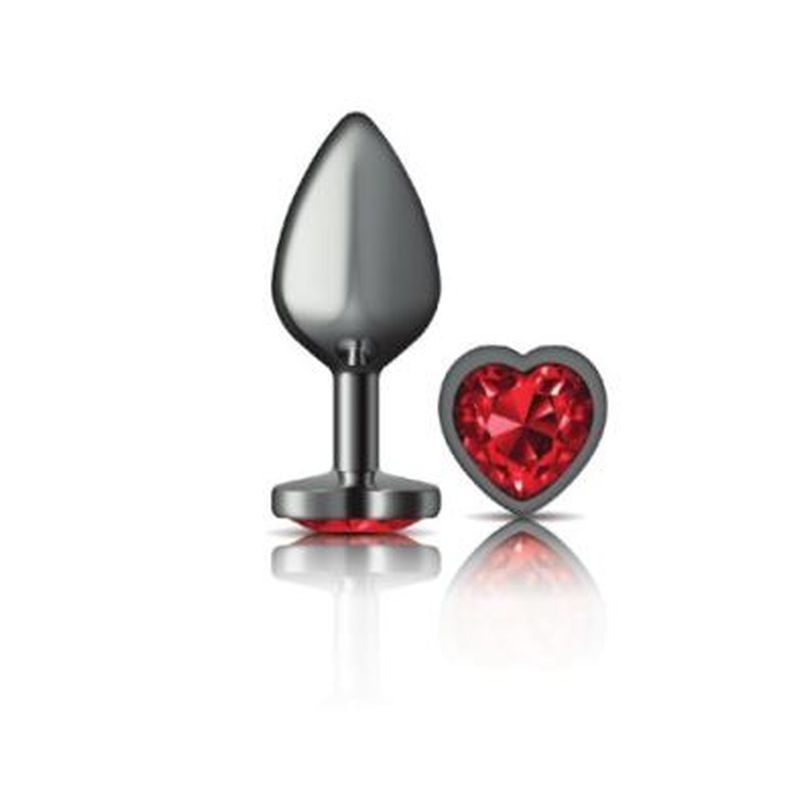 Cheeky Charms Gunmetal Butt Plug With Heart Red Jewel Medium