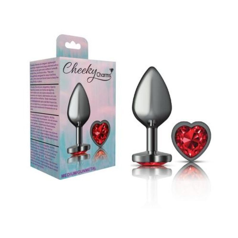 Cheeky Charms Gunmetal Butt Plug With Heart Red Jewel Medium