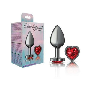Cheeky Charms Gunmetal Butt Plug With Heart Red Jewel Medium