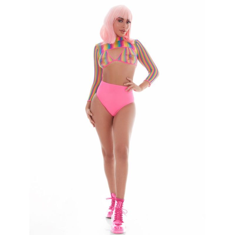 Rainbow Shrug Bikini Top Hot Pants Net Set Includes Pasties One Size