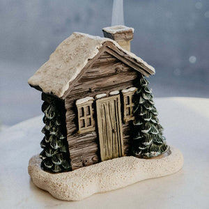 Log Cabin Incense Burner Rustic Christmas Chimney Hut Collectible Resin Statue