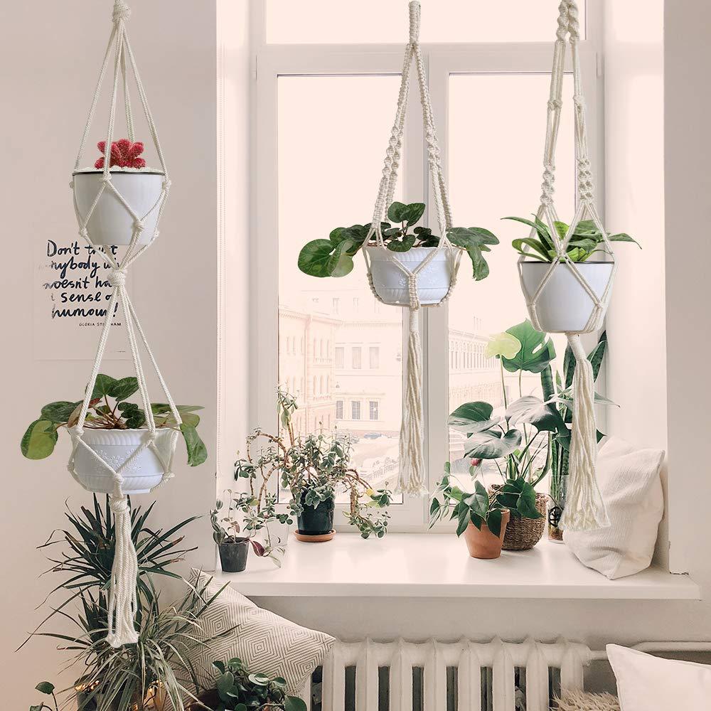 4 Pack Macrame Hanging Baskets Cotton Rope Plant Hanger For Home Decor