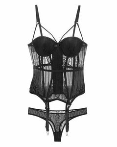 House Of Dasein Black High Elasticity Corset Bustier Cup Garter Set With Straps Lingerie