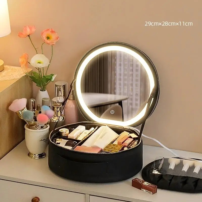 Round Smart Led Makeup Bag With Mirror Lights Large Capacity Pu Leather Cosmetic Case