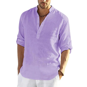 Mens Casual Cotton Linen Solid Color Long Sleeve Shirt Loose Stand Collar Light