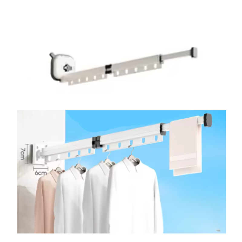 White Wall Mounted Foldable Clothes Drying Rack 2 Section Aluminum With 10 Windproof Hooks