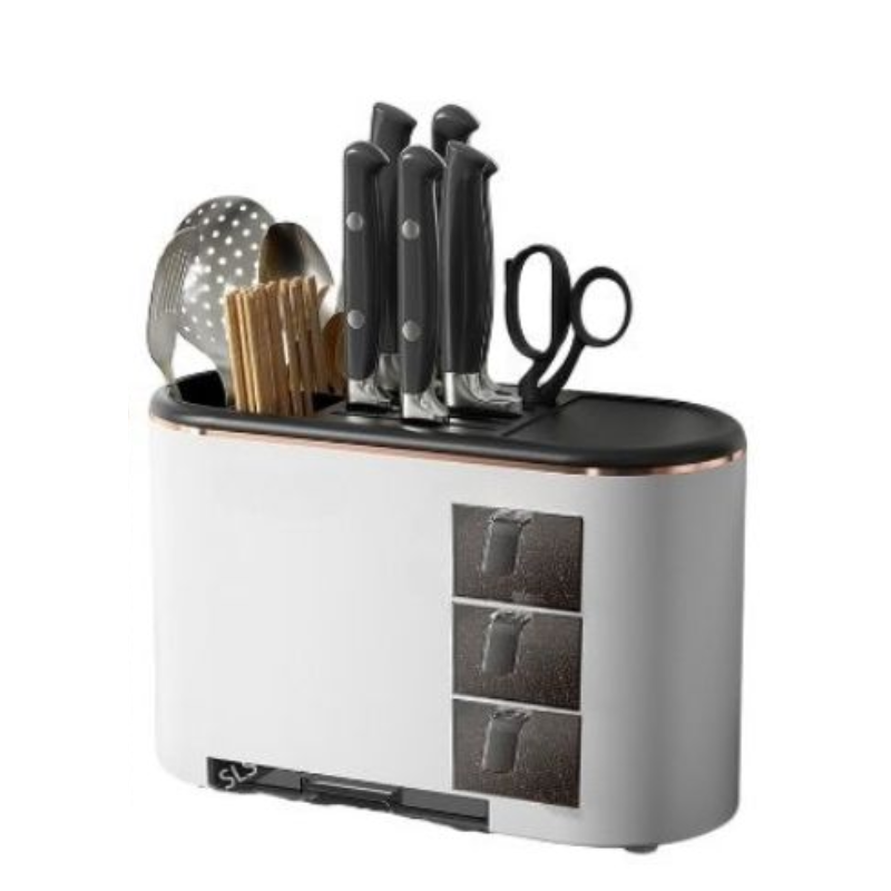 White All In One Kitchen Knife And Utensil Holder Multi Functional Organizer With Storage Drawers