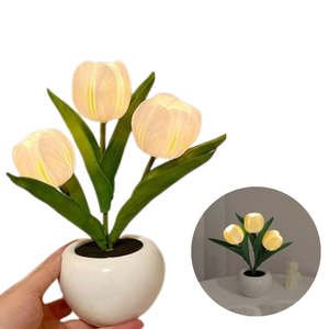 Yellow Flowers Usb Tulip Night Light Bedroom Decor Table Lamp With Pu & Ceramic Pot Perfect Gift For Family Friends