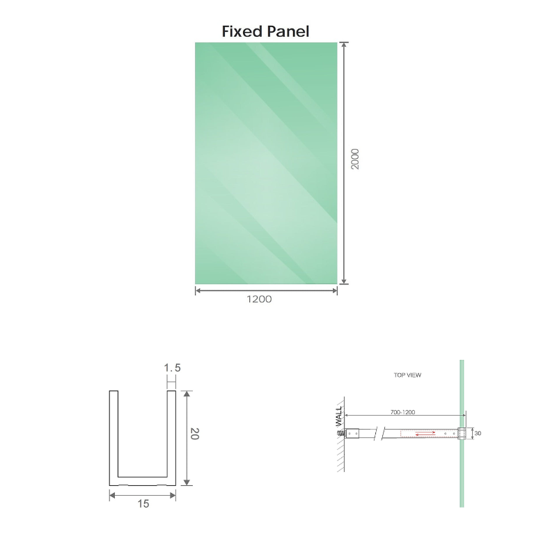 120X200cm Single Shower Glass Screen With Black Wall Channel & Square Pole