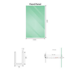 120X200cm Single Shower Glass Screen With Black Wall Channel & Square Pole