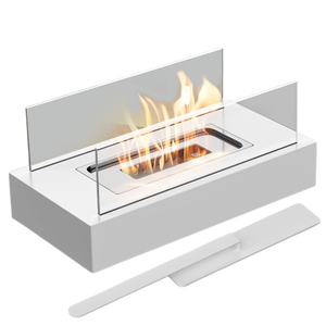 Portable Detachable Tabletop Bioethanol Fireplace White Rectangular Design With Glass Shields