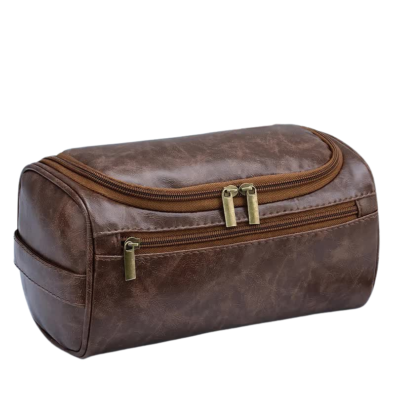 Tawny Premium Pu Leather Travel Toiletry Bag With Zipper Compartments