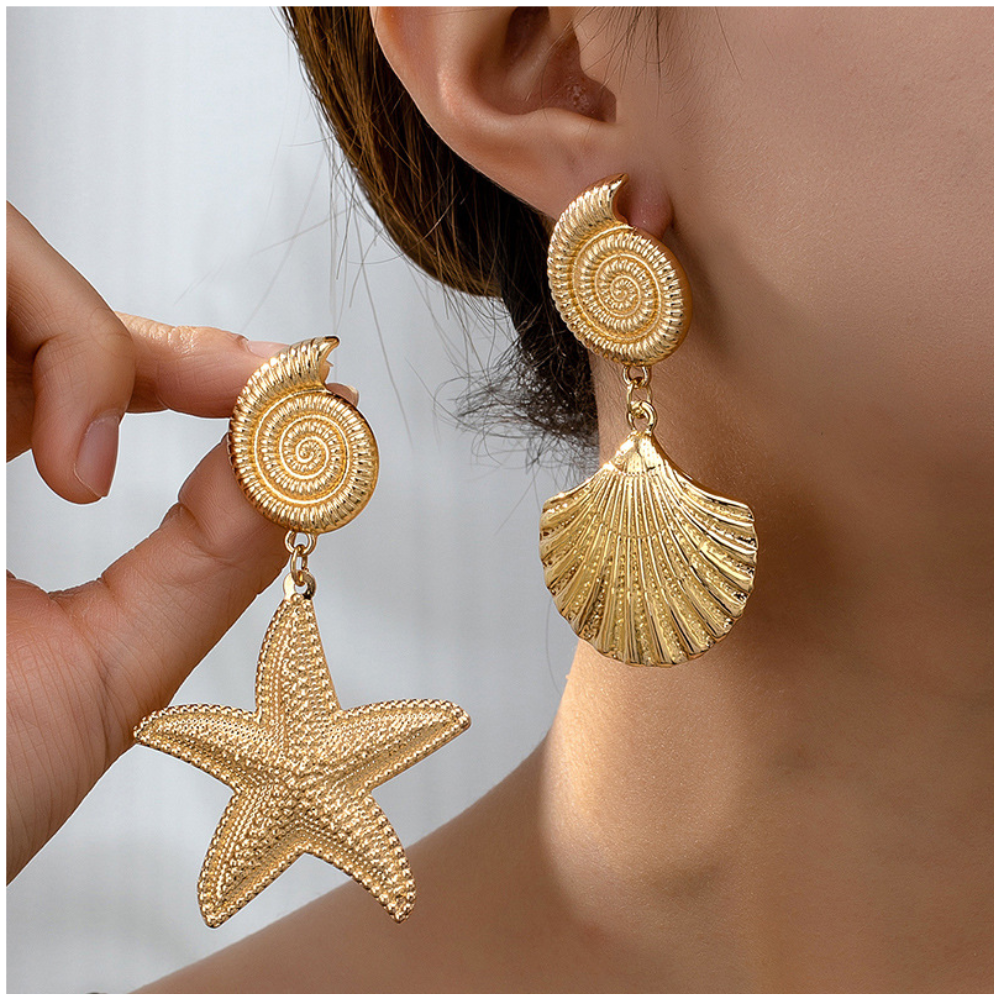 Veile Studios Gold Metallic Starfish Shell Earrings With Personalised High End Temperament