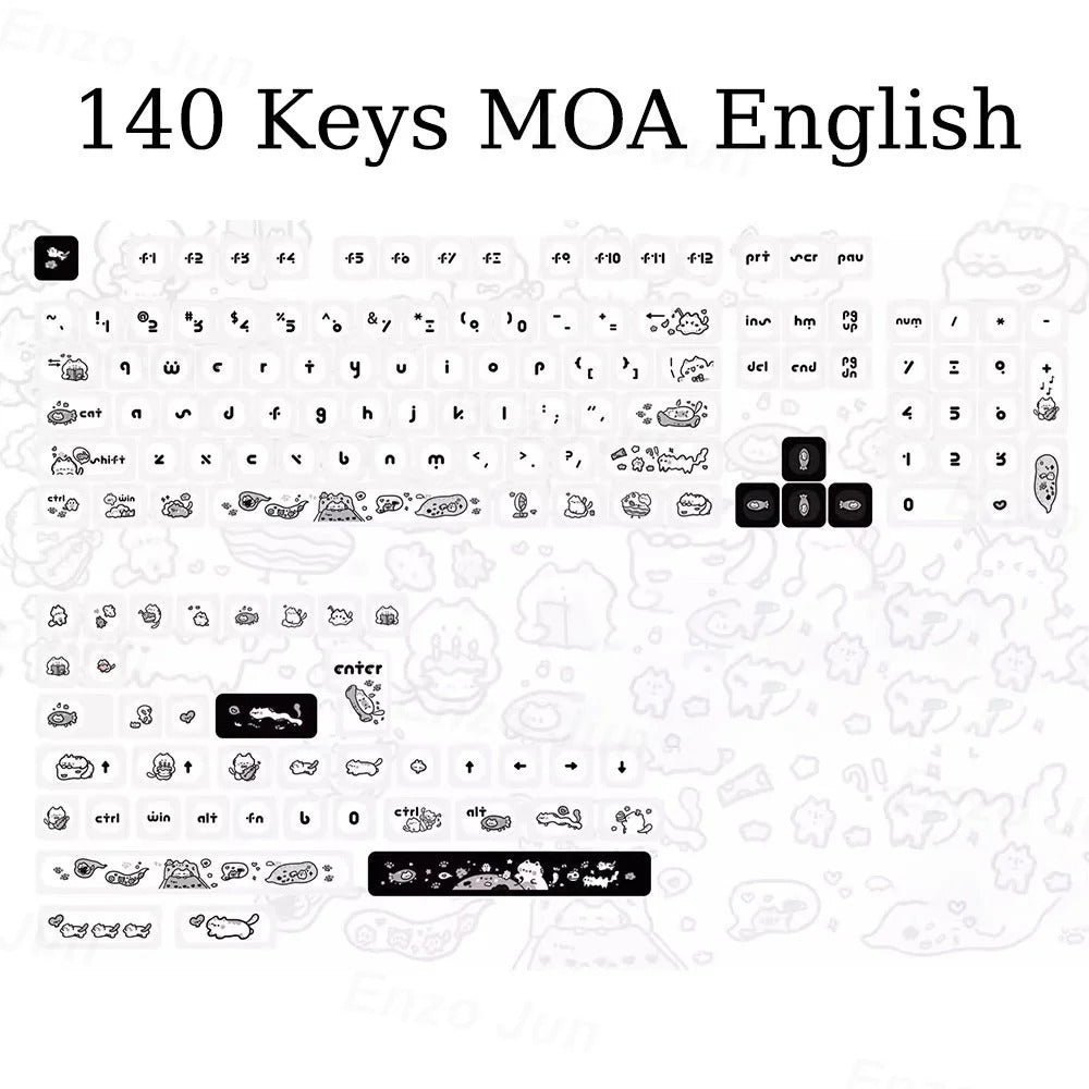 Keycap Keyboard Black White Cat 140 Keys Profile Cute Switch Theme Layout