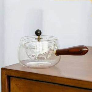 Semi Automatic Rotary Heat Resistant Glass Teapot With Infuser Wooden Handle