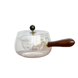 Semi Automatic Rotary Heat Resistant Glass Teapot With Infuser Wooden Handle