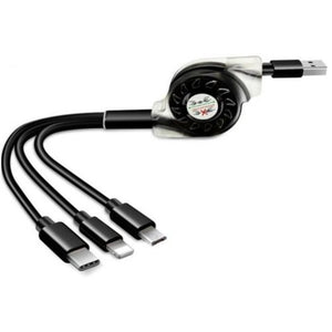 1M 3 In1 Retractable Fast Charger Cord Cable For Micro Usb / 8 Pin Type Black