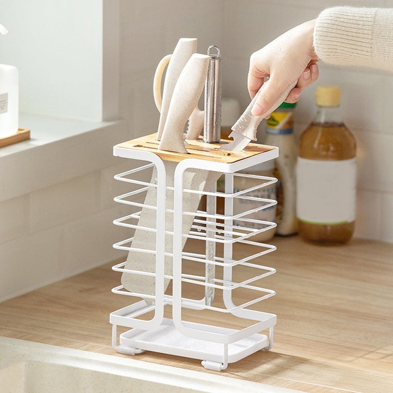 Kitchen Knife Holder Drain Cultery Storage Shelf Universal Metal Wood Bamboo Knives Rack Multifunction Stand Organizer