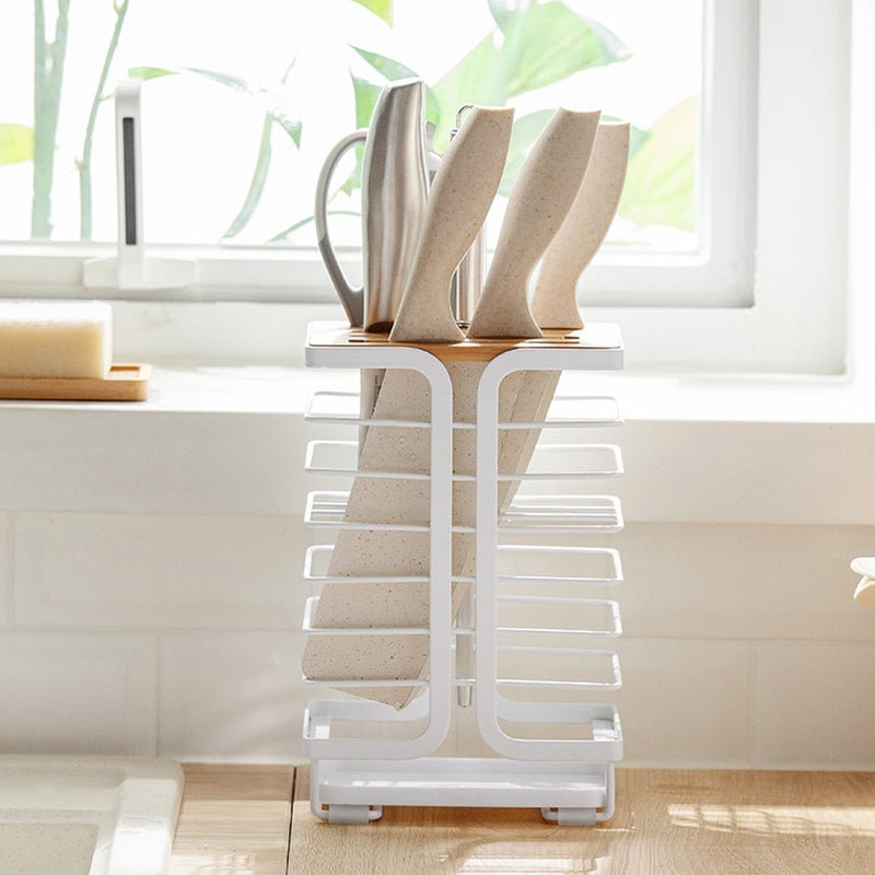 Kitchen Knife Holder Drain Cultery Storage Shelf Universal Metal Wood Bamboo Knives Rack Multifunction Stand Organizer