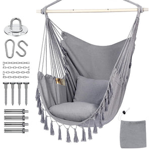 Hyperanger Hammock Chair Hanging Rope Swing With 2 Cushions Grey Comfortable