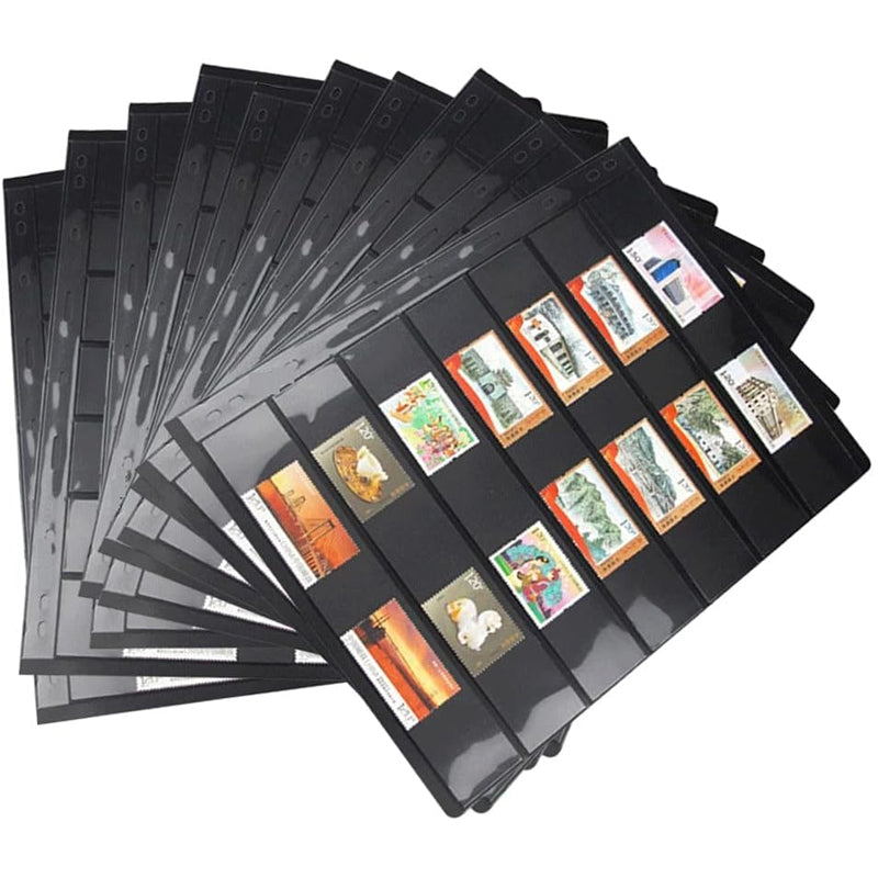 10 Sheets 7 Binder Hole Double Sided Stamp Album Collection Holder Black Pvc